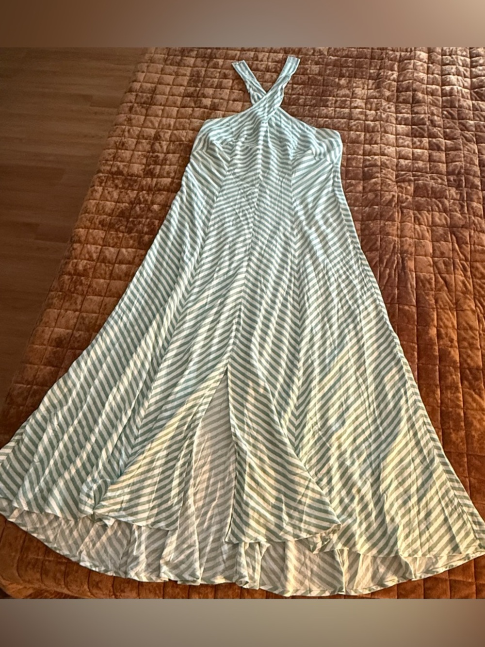 New York & Company green and White Striped Crisscross Halter Maxi Dress